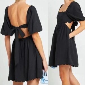 OPT Scalloped Black Dress Backless Puff Sleeve Tie Back Knee Length Embroidered